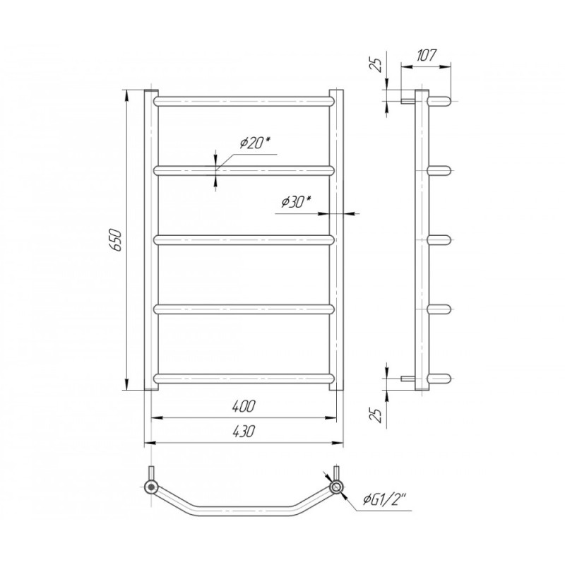 Mario Полотенцесушитель ™МАРИО, Трапеция HP 650×430/400 (1.3.2800.01.P)