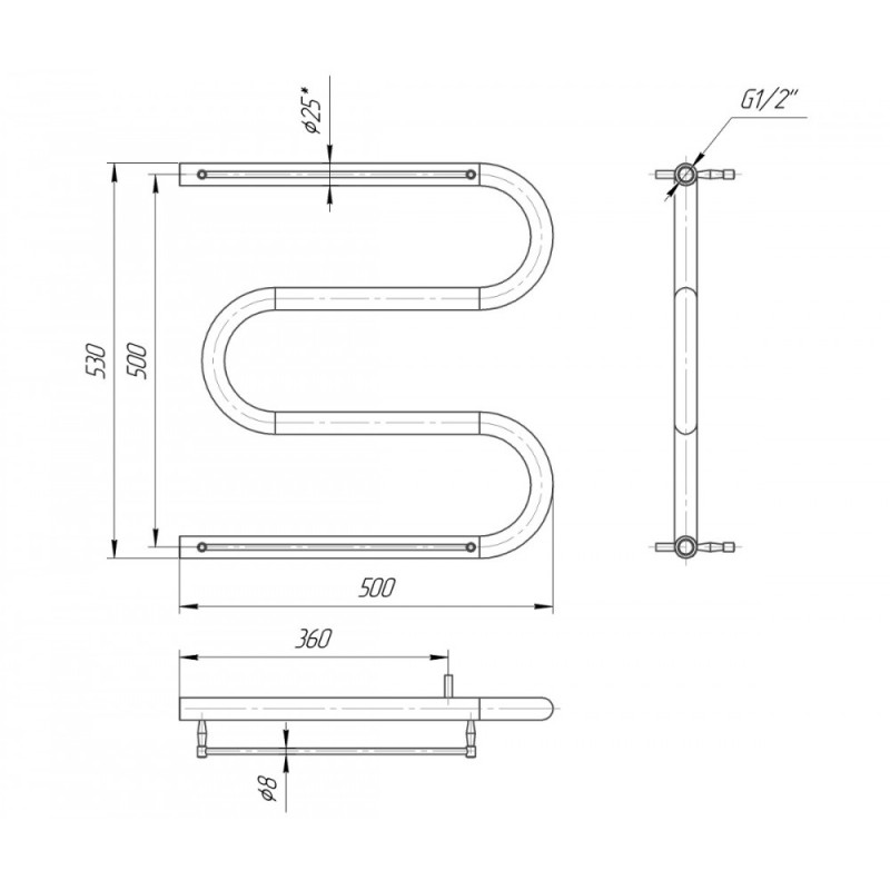 Mario Полотенцесушитель ™МАРИО, Змейка Ø25 (525×500/500) + полочки (1.1.2602.04.P)
