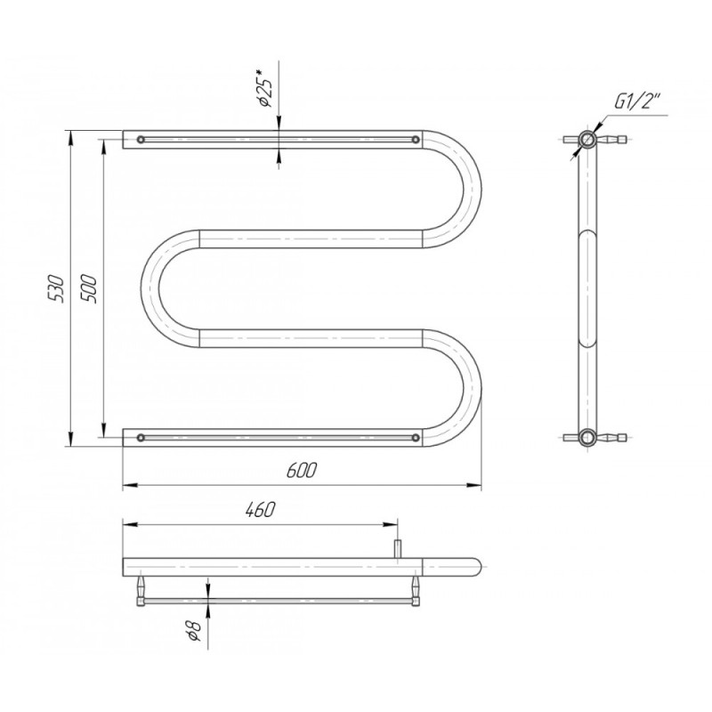 Mario Полотенцесушитель ™МАРИО, Змейка Ø25 (525×600/500) + полочки (1.1.2603.04.P)