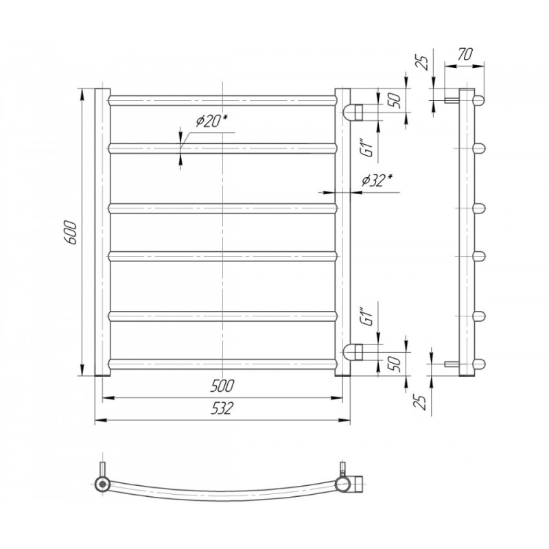 Mario Полотенцесушитель ™МАРИО, Классик 600×550/500, боковое подключение 1" (1.1.2201.02.P)