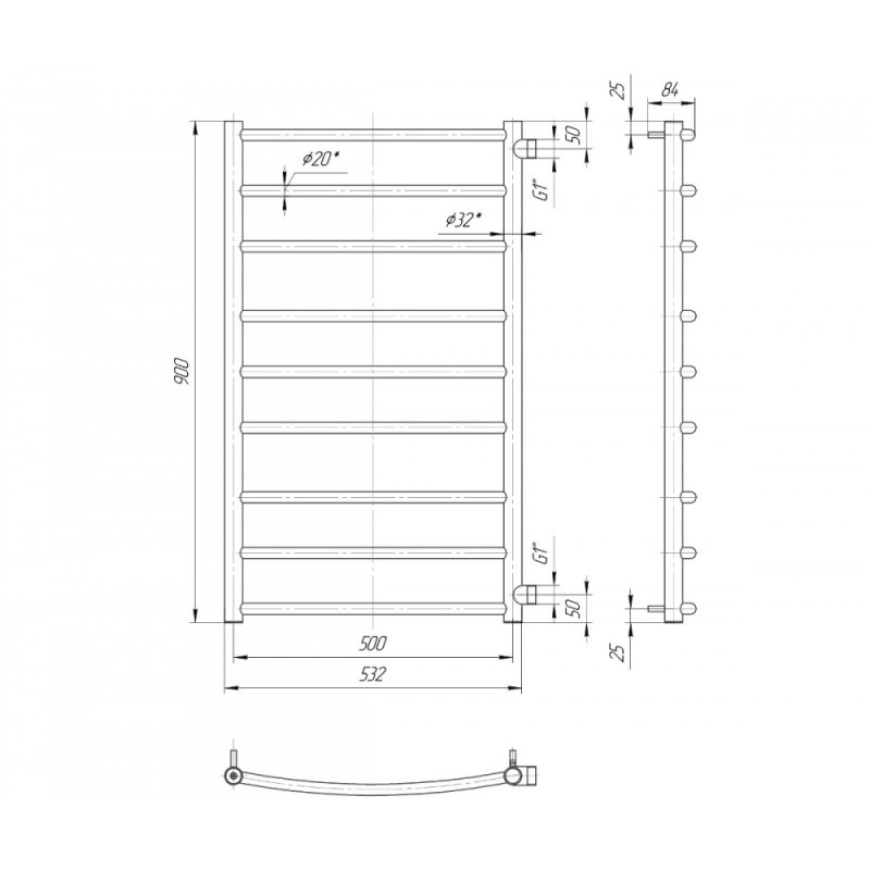 Mario Полотенцесушитель ™МАРИО, Классик 900×550/800, боковое подключение 1" (1.1.2205.02.P)