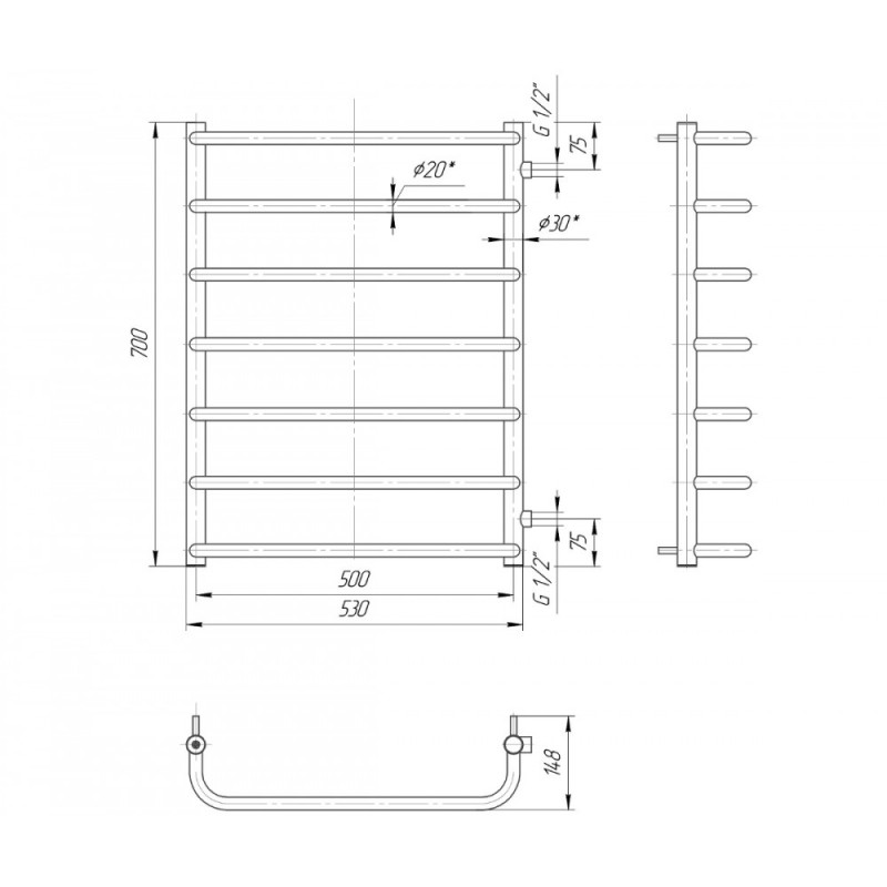 Mario Полотенцесушитель ™МАРИО, Стандарт 700×550/600, боковое подключение ½" (1.1.2805.02.P)