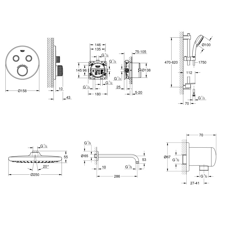 Grohe QuickFix Grohtherm SmartControl Душовий комплект з Vitalio Start 250 (UA202801R2)