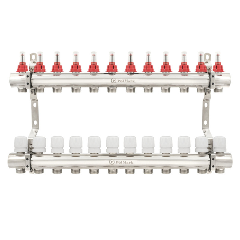 Коллектор Polmark 1"x3/4" 12 выходов с термоклапанами и расходомерами PBMF112 (89863)