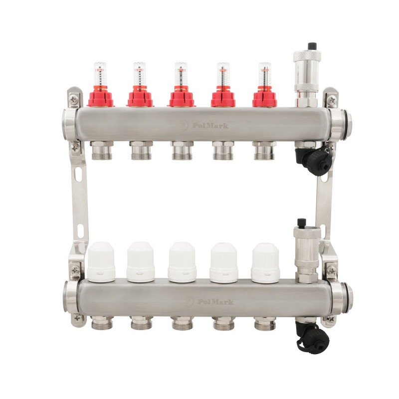 Коллектор Polmark 1"x3/4" 5 выходов с воздухоотводом с расходомерами без евроконусов (євроконусів)