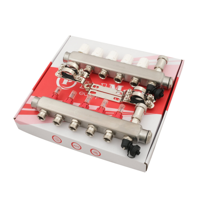 Коллектор Polmark 1"x3/4" 5 выходов с воздухоотводом с расходомерами без евроконусов (євроконусів)