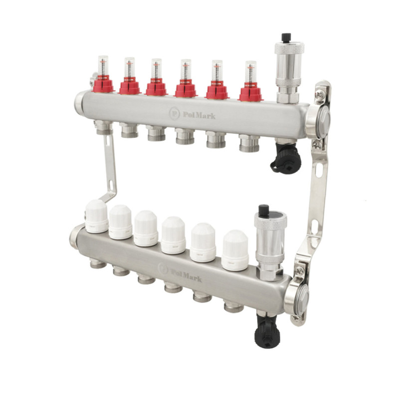 Коллектор Polmark 1"x3/4" 6 выходов с воздухоотводчиком с расходомерами без евроконусов (євроконусів)