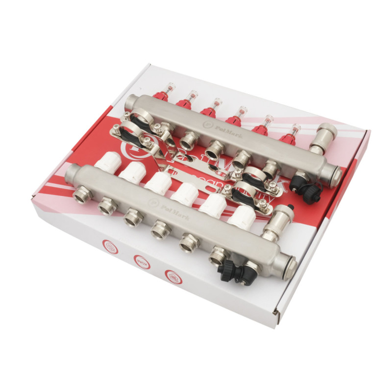 Коллектор Polmark 1"x3/4" 6 выходов с воздухоотводчиком с расходомерами без евроконусов (євроконусів)