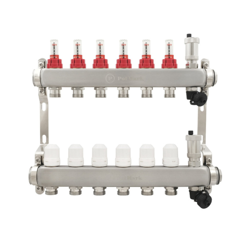 Коллектор Polmark 1"x3/4" 6 выходов с воздухоотводчиком с расходомерами без евроконусов (євроконусів)