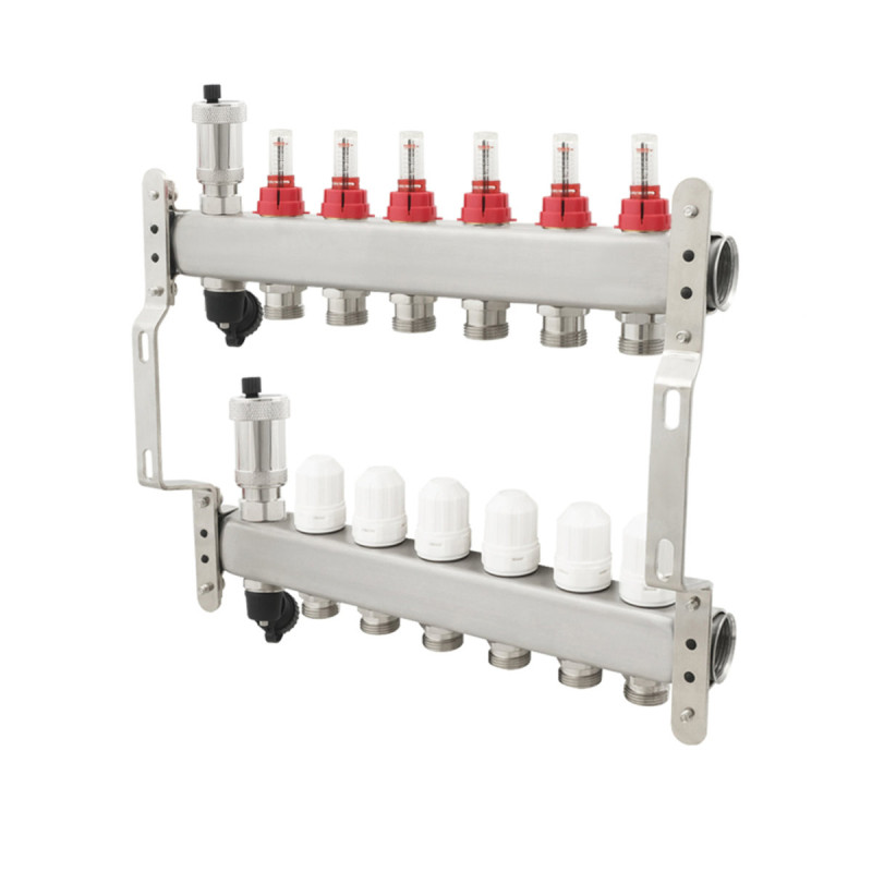 Коллектор Polmark 1"x3/4" 6 выходов с воздухоотводчиком с расходомерами без евроконусов (євроконусів)