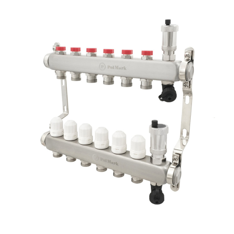 Коллектор Polmark 1"x3/4" 6 выходов с воздуховодом с термоклапанами без евроконусов (євроконусів)