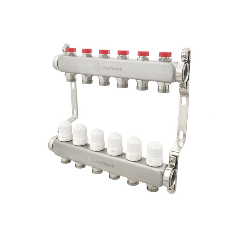 Коллектор Polmark 1"x3/4" 6 выходов с термоклапанами без евроконусов (євроконусів)