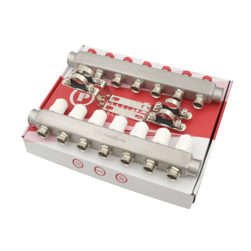 Коллектор Polmark 1"x3/4" 7 выходов с термоклапанами без евроконусов (євроконусів)
