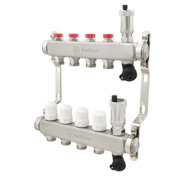 Коллектор Polmark 1"x3/4" 4 выхода в воздухоотводчик с термоклапанами без евроконусов. (евроконусов)