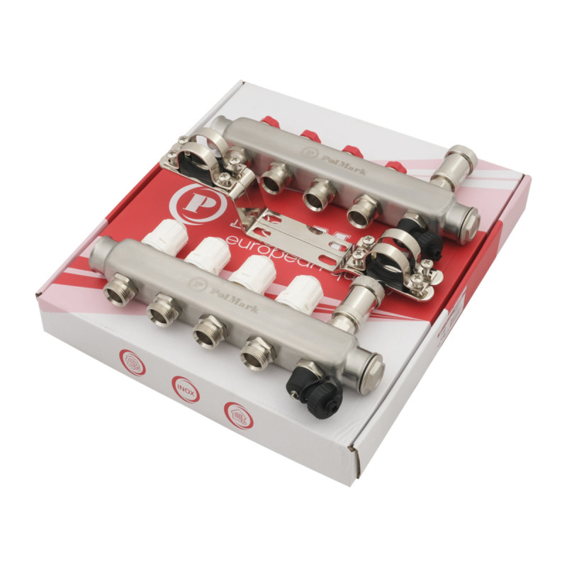 Коллектор Polmark 1"x3/4" 4 выхода в воздухоотводчик с термоклапанами без евроконусов. (евроконусов)