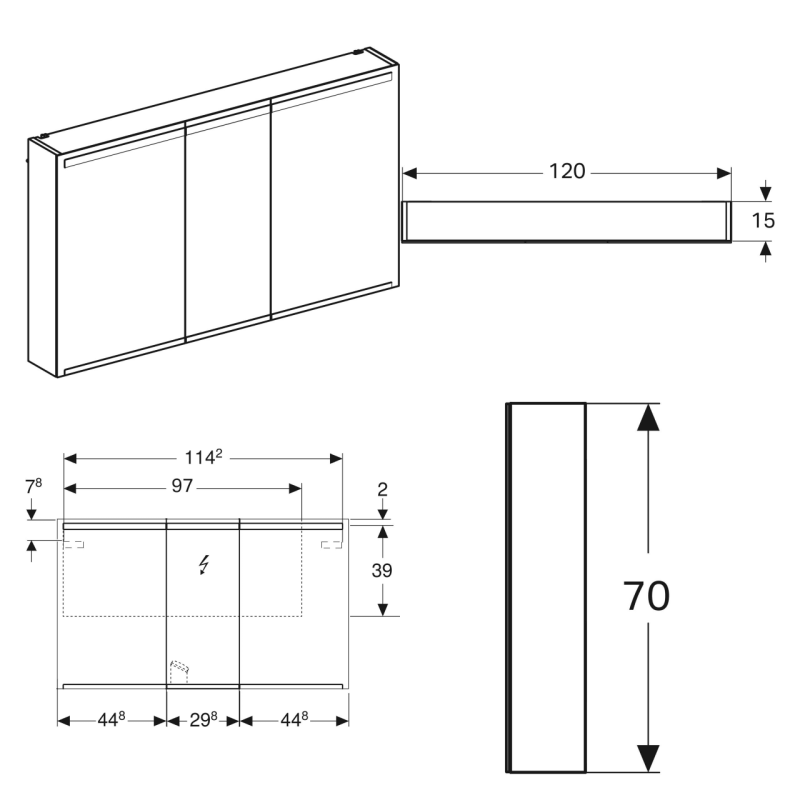 Geberit 500.207.00.1 Option Дзеркальна шафка 120 см, з підсвіткою, із 3 дверцятами: корпус дзеркальний, дверцята дзеркальні зовні та всередині