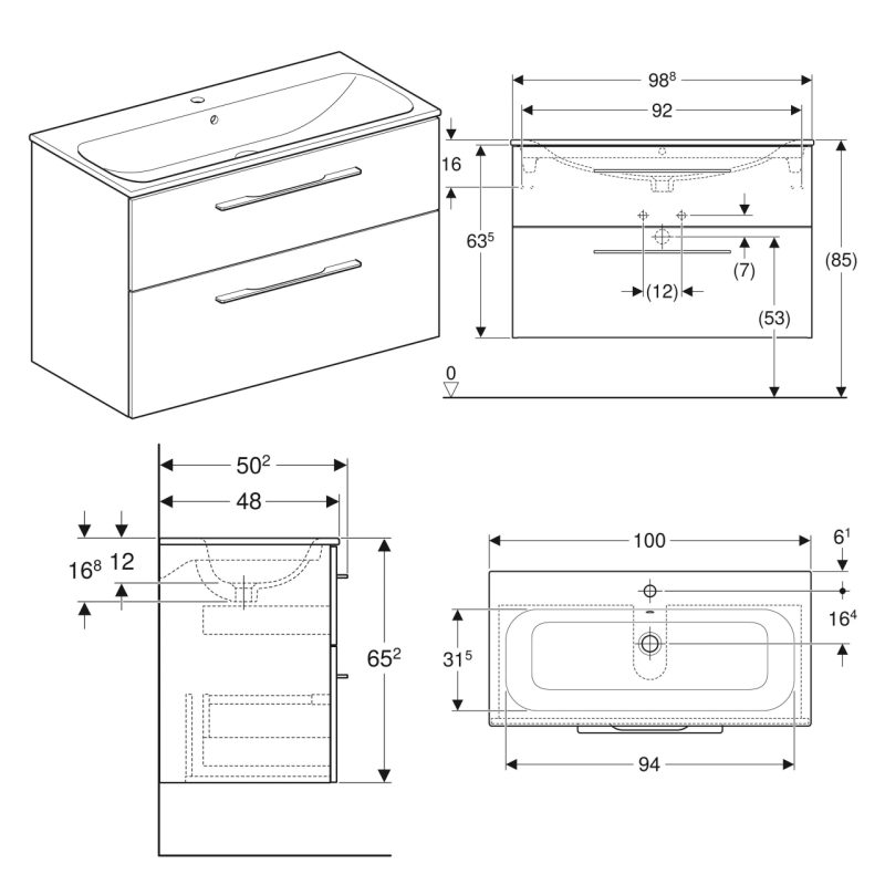 Geberit 501.246.00.1 Selnova Square Комплект меблів для ванної кімнати: тумба під раковину 100см з 2-ма шухлядами + раковина slim rim з 1отв.під зміш. та переливом, колір горіх темний