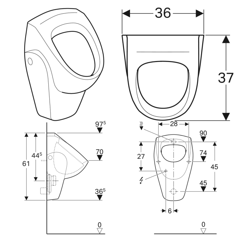 Geberit 500.344.01.1 Selnova Уринал, задній підвід води, задній випуск, білий глянець