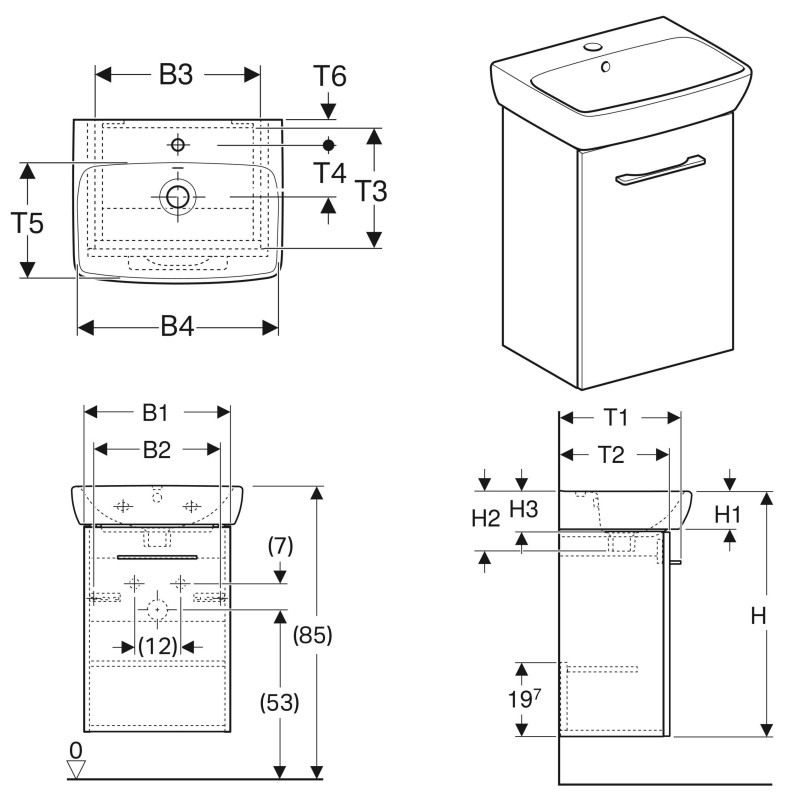 Geberit 502.746.00.1 Комплект раковини Selnova Square з шафкою, одні двері 45см, Білий