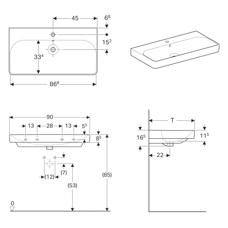 Geberit 500.251.01.1 Smyle Square Раковина 90см, з 1 отв.під зміш., з переливом, колір білий глянець