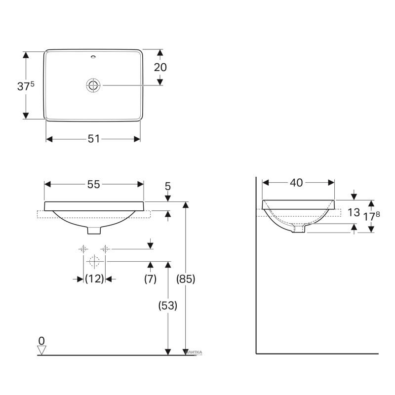 Geberit 500.737.01.2 VariForm Умывальник прямоугольный, 55х40см, вбуд.в столешницу, без отв. под смеситель, с переливом, глазурованный снизу, белый глянец
