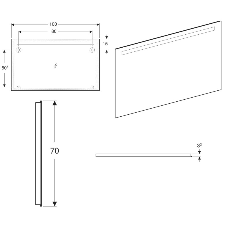 Geberit 502.810.00.1 Option Basic Square Зеркало -120см, подсветка сверху по горизонтали