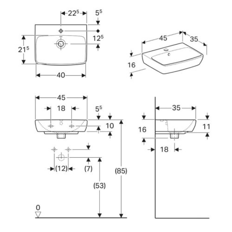 Geberit 500.322.01.7 Selnova Square Раковина -45см, отвір для зміш. в центрі, перелив видимий, колір білий глянець