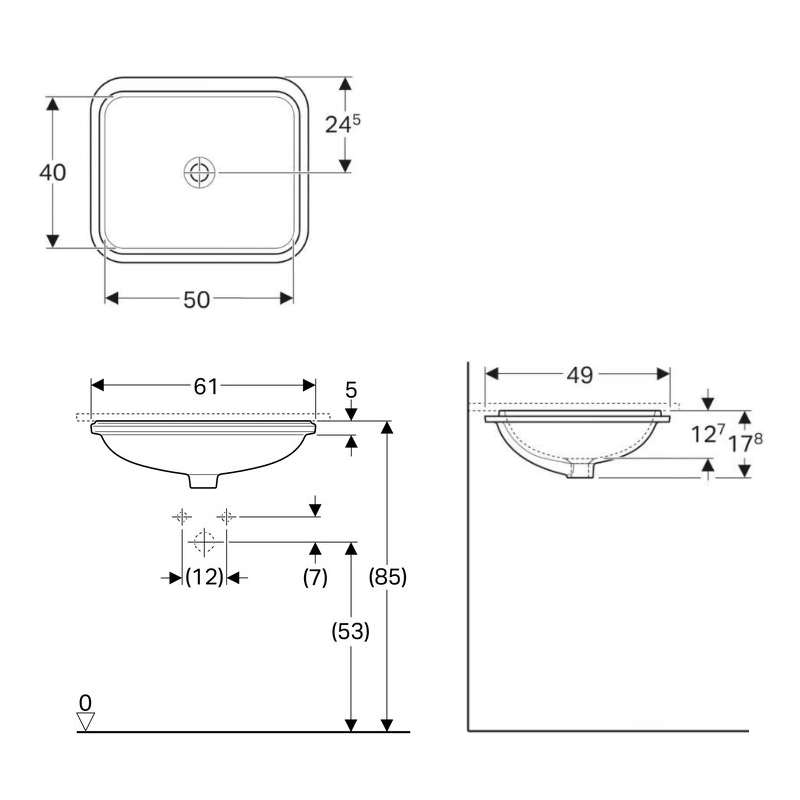 Geberit 500.767.01.2 VariForm Умывальник прямоугольный, 58х49см, монтируется под столешницу, без отв. под смеситель, без перелива, глазурованный снизу, белый глянец