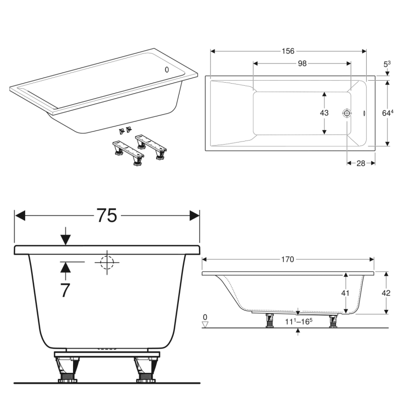 Geberit 554.385.01.1 Ванна прямокутна Selnova Square з ніжками 170*75 см