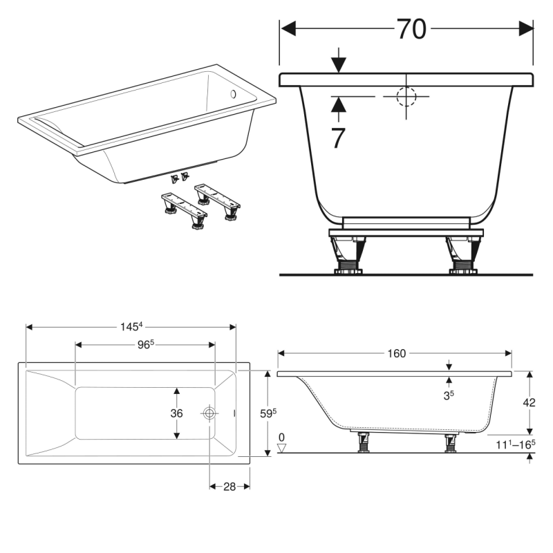 Geberit 554.382.01.1 Selnova Square Ванна прямокутна з ніжками, 160x70см, біла