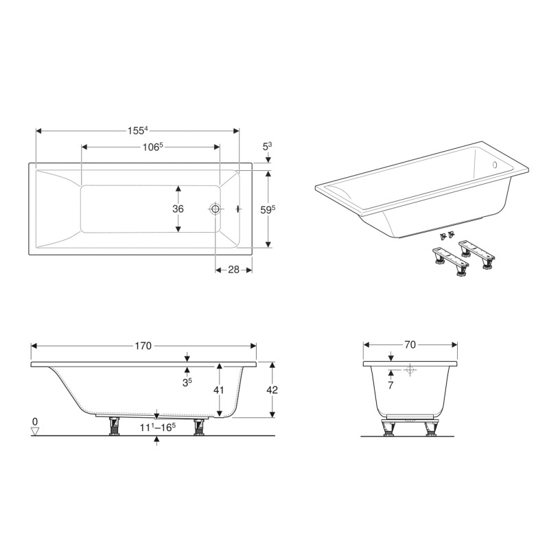 Geberit 554.384.01.1 Selnova Square Ванна прямокутна з ніжками, 170х70см, біла
