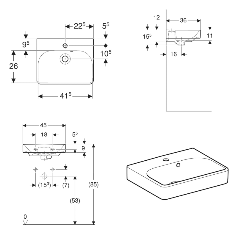 Geberit 500.222.01.1 Smyle Square Раковина 45см, з 1 отв.під зміш., з асиметричним переливом, колір білий глянець