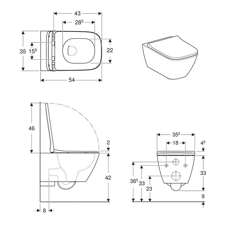 Geberit 500.683.00.2 Комплект підвісного унітаза Smyle Square воронкоподібний, закрита форма, Rimfree, з сидінням із кришкою, що накриває сидіння: Білий