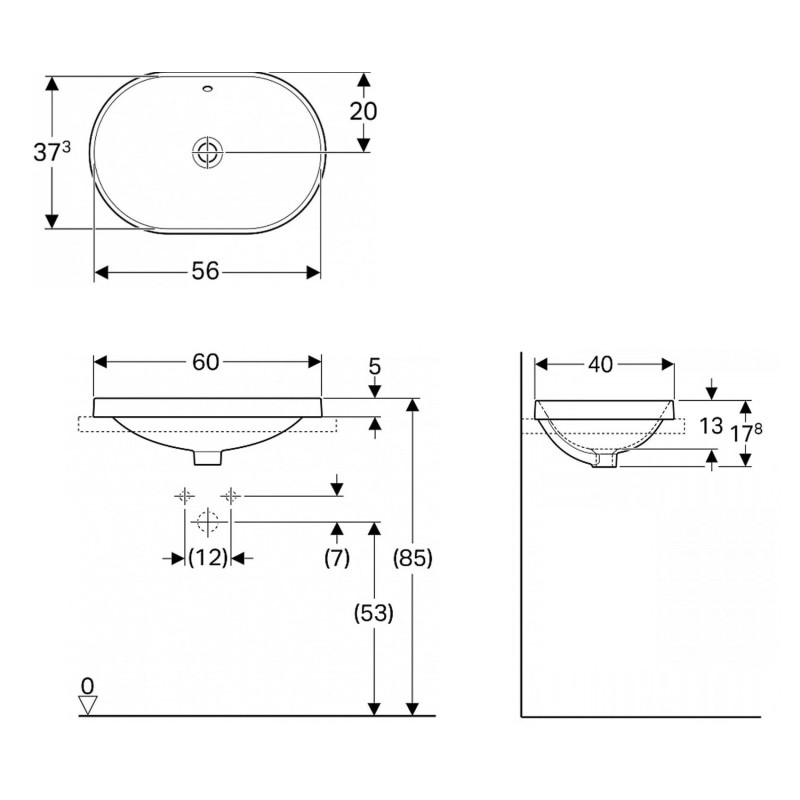 Geberit 500.729.01.2 VariForm Умивальник еліптичний, 60х40см, що вбуд.в стільницю, без отв. під змішувач, з переливом, глазурований знизу,білий глянець