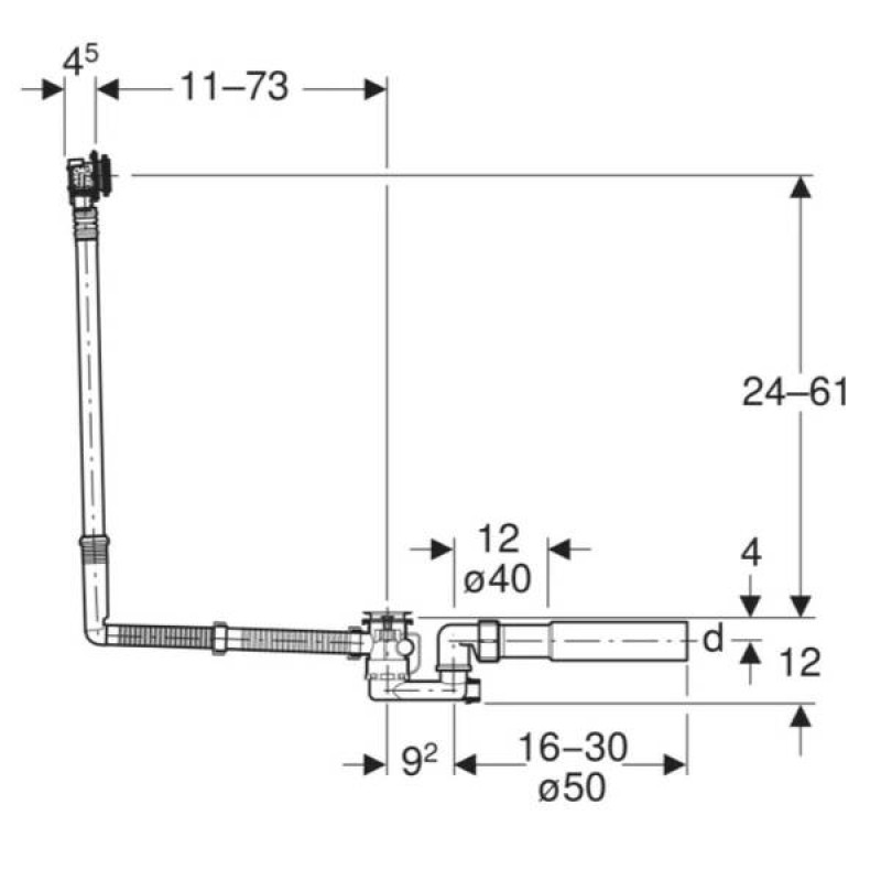 Geberit 150.700.00.6 Злив-перелив для ванни з поворотним механізмом і підводом, наповнення через перелив, d52, довжина 26 см, з фановим відводом d40/50мм