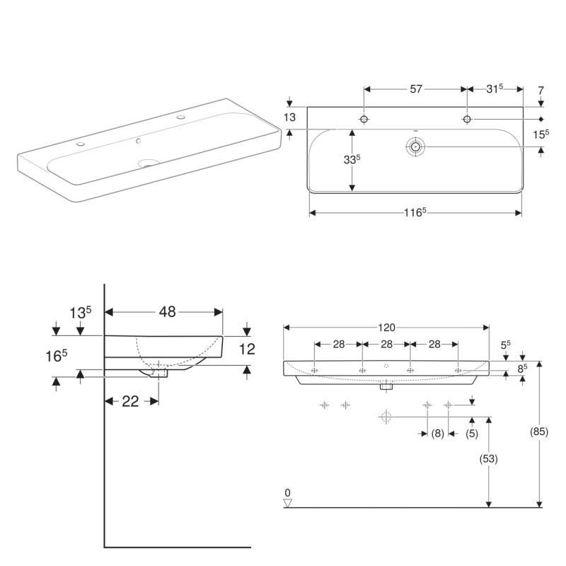 Geberit 500.253.01.1 Smyle Square Раковина 120см, з 2 отв. під зміш., з переливом, колір білий глянець