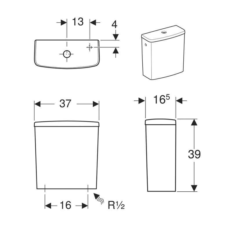 Geberit 500.266.01.1 Selnova Square Бачок прямоугольный 6/3 л, подвод воды снизу, белый глянец