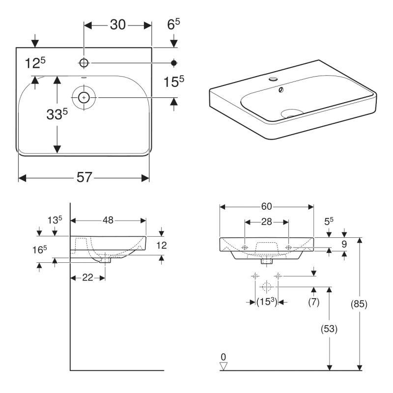 Geberit 500.229.01.1 Smyle Square Раковина 60см, с 1 отв. под смеситель, с переливом, цвет белый глянец