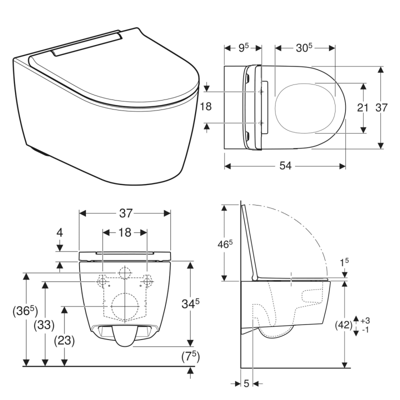 Geberit 500.201.01.1 Підвісний унітаз ONE, без обідка, воронкоподібний змив TurboFlush, прих.кріплення, декор накладка біла, захисне покриття KeraTect: в комплекті з кришкою Duroplast, швидкоз'ємні петлі, SoftClose та із звукоізолюючою прокладкою