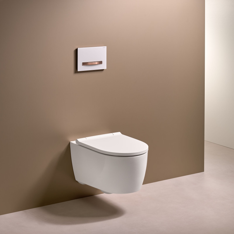 Geberit 500.201.01.1 Підвісний унітаз ONE, без обідка, воронкоподібний змив TurboFlush, прих.кріплення, декор накладка біла, захисне покриття KeraTect: в комплекті з кришкою Duroplast, швидкоз'ємні петлі, SoftClose та із звукоізолюючою прокладкою