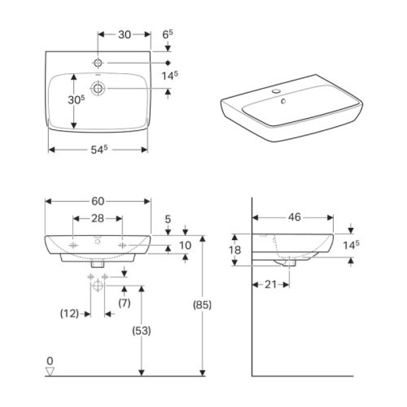 Geberit 500.300.01.7 Selnova Square Раковина 60см, прямоугольный, с 1 отв.под смеситель и переливом, цвет белый глянец