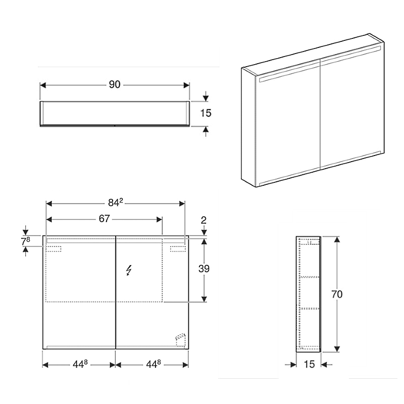 Geberit 500.583.00.1 Option Дзеркальна шафка 90 см, з підсвіткою, із 2 дверцятами: корпус дзеркальний, дверцята дзеркальні зовні та всередині