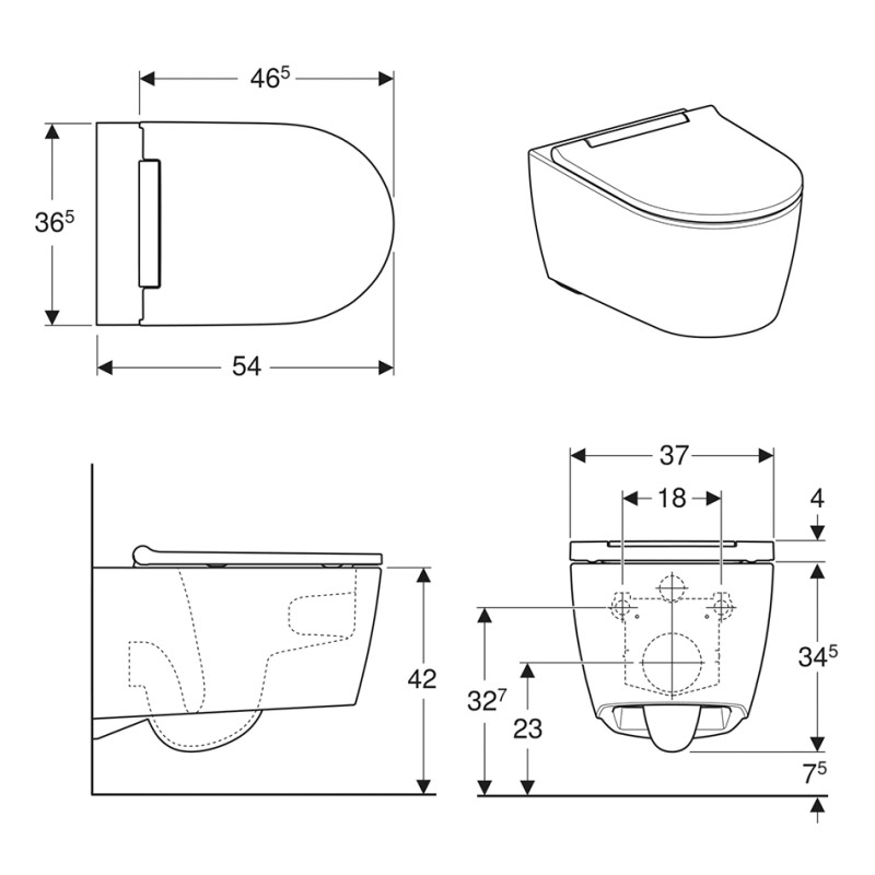 Geberit 500.202.01.1 Подвесной унитаз ONE, без ободка, воронкообразный смыв TurboFlush, прих.крепления, декор накладка хром, защитное покрытие KeraTect: в комплекте с крышкой Duroplast, быстросъемные петли, SoftClose и со звукоизолирующей прокладкой