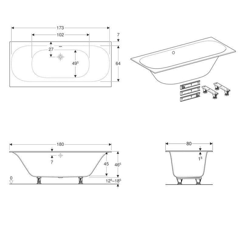 Geberit 554.004.01.1 Soana Ванна прямоугольная 180x80см, тонкий край, слив и перелив по центру, с ножками, цвет белый