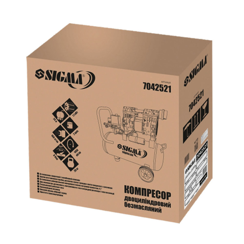 SIGMA Компрессор двухцилиндровый безмасляный 1.1кВт 1400об/мин 160л/мин 8бар 58дБ 24л (7042521)