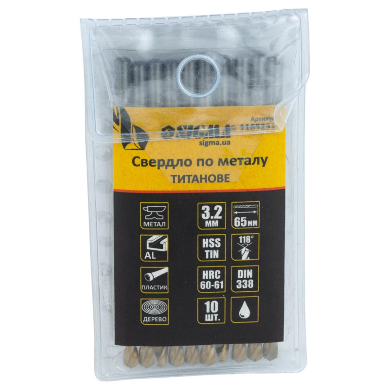 SIGMA Сверло по металлу HSS-TIN титановое Ø3.2мм (pvc, КРАТНО 10шт) (1165251) (10 шт)