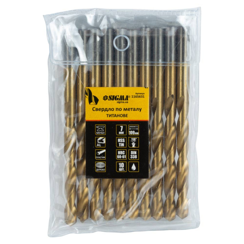SIGMA Сверло по металлу HSS-TIN титановое Ø7.0мм (pvc, КРАТНО 10шт) (1165631) (10 шт)