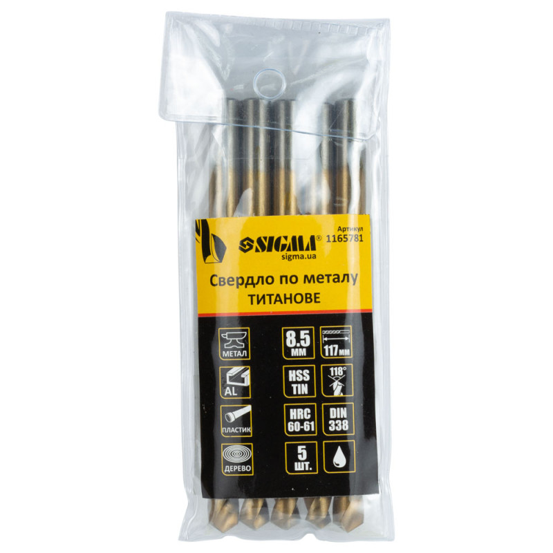 SIGMA Сверло по металлу HSS-TIN титановое Ø8.5мм (pvc, КРАТНО 5шт) (1165781) (5 шт)