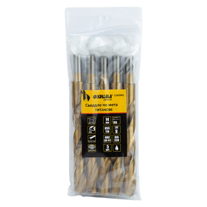 SIGMA Сверло по металлу HSS-TIN титановое Ø14.0мм (pvc, КРАТНО 5шт) (1165941) (5 шт)