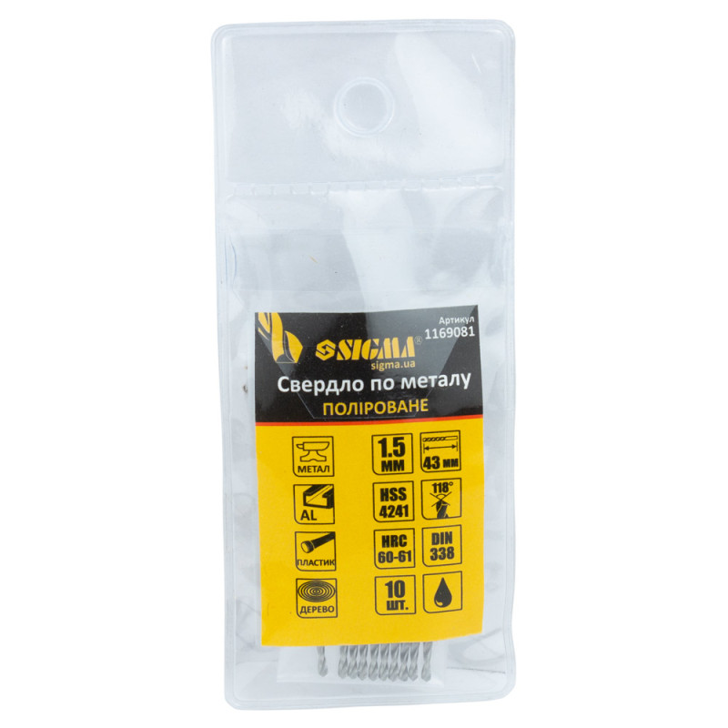 SIGMA Сверло по металлу HSS полированное Ø1.5мм (pvc, КРАТНО 10шт) (1169081) (10 шт)